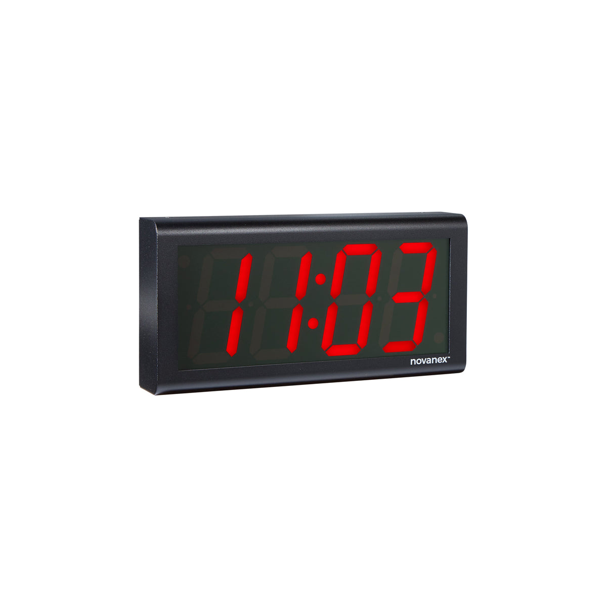Four digit PoE clock with red LEDs and black aluminum case