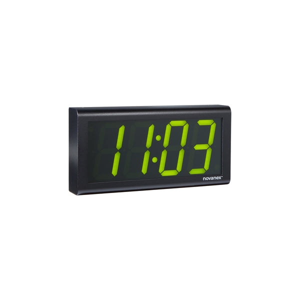 Four digit PoE clock with green LEDs and black aluminum case