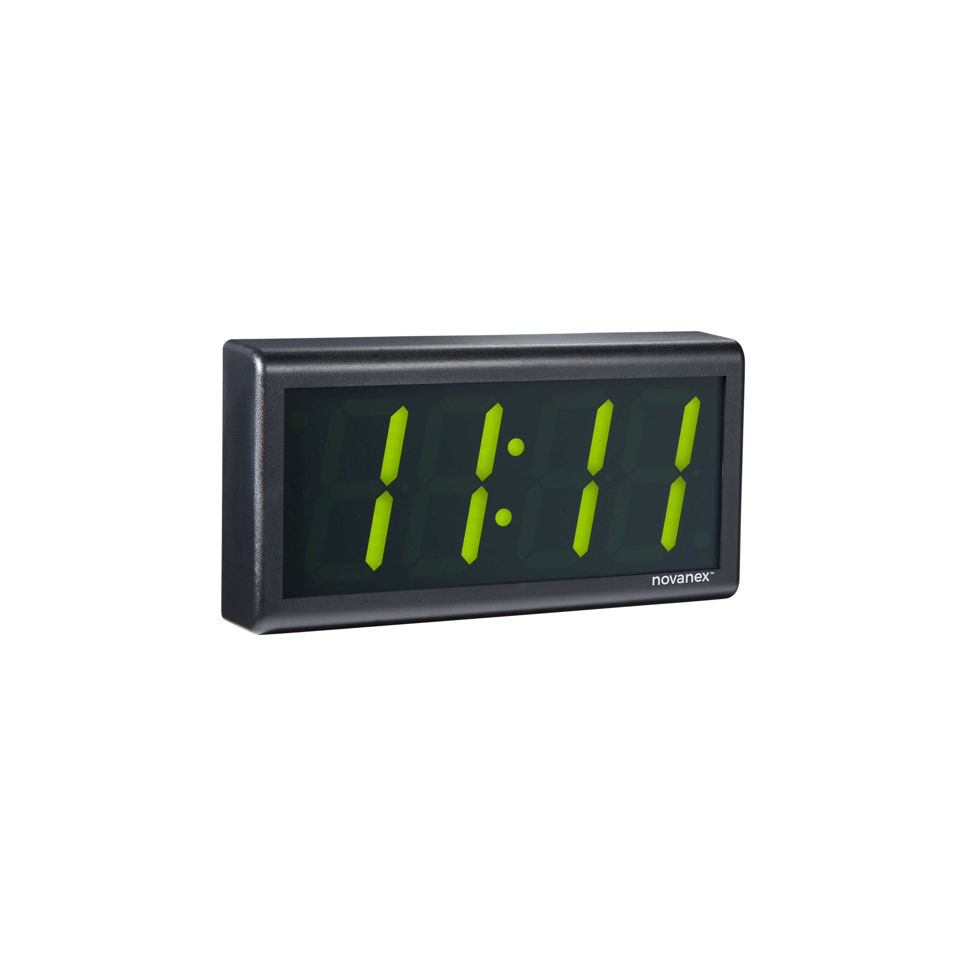 Four digit PoE clock with green LEDs and black ABS plastic case