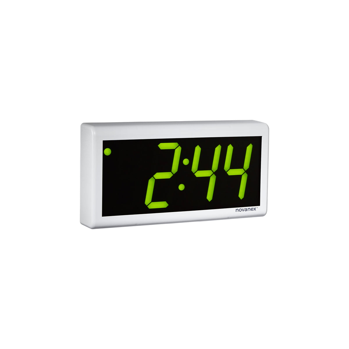 Four digit PoE clock with green LEDs and off-white ABS plastic case