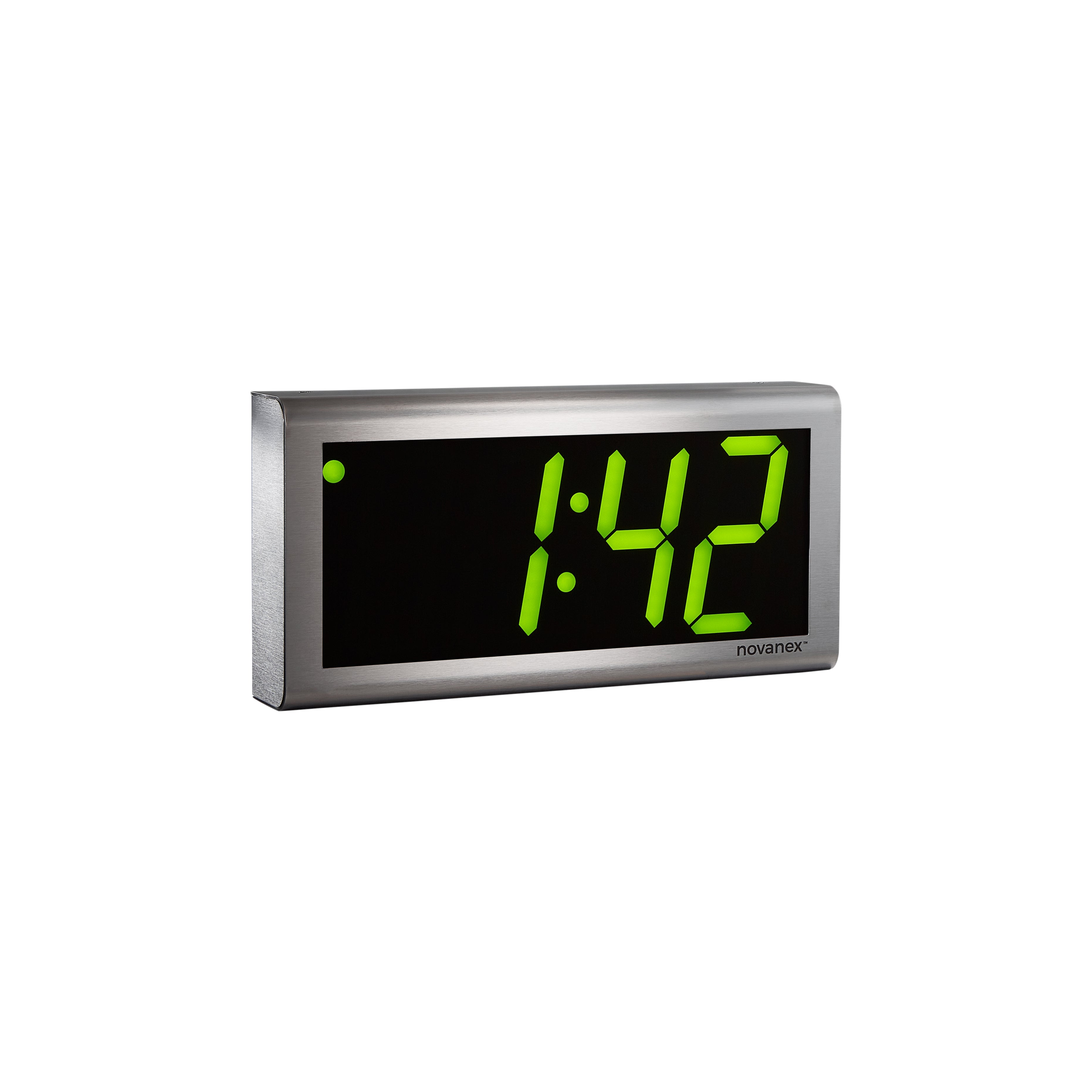 Four digit PoE clock with green LEDs and stainless steel case