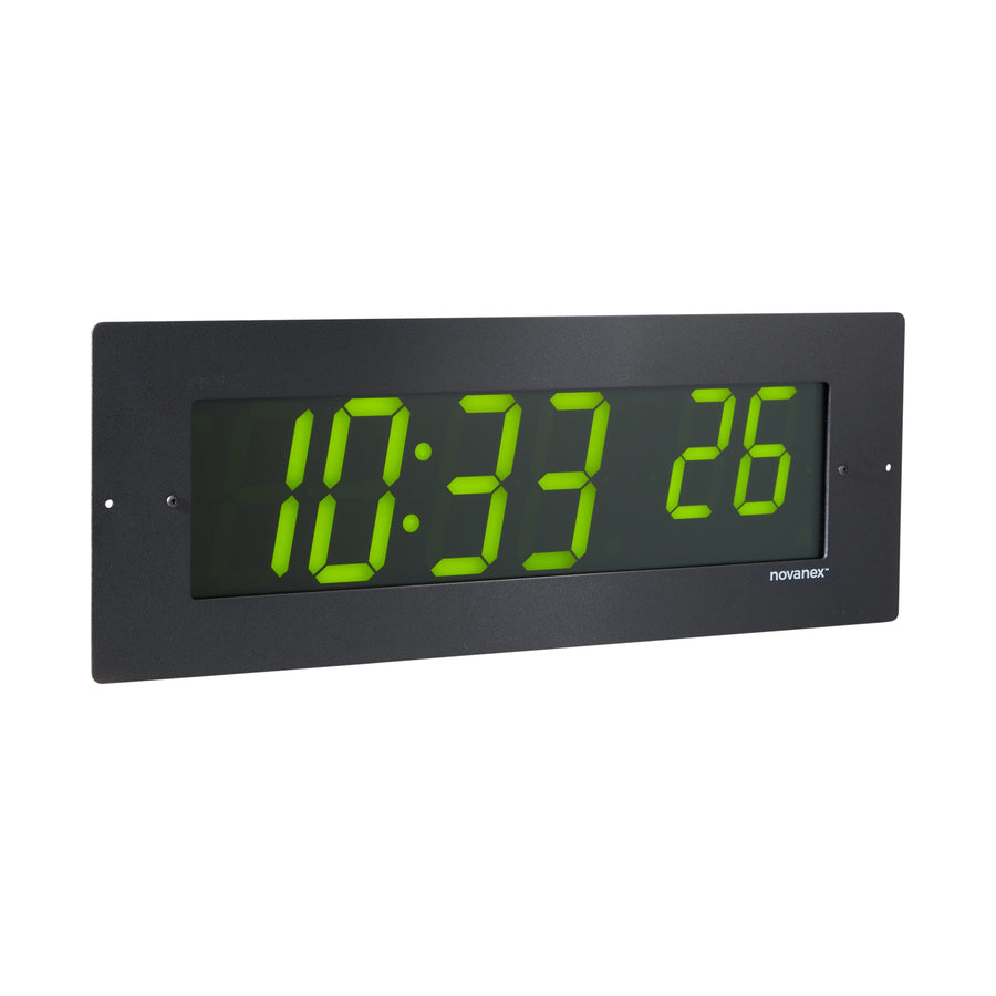 Front view of ONT6BKFM-G black 6 digit green LED PoE clock